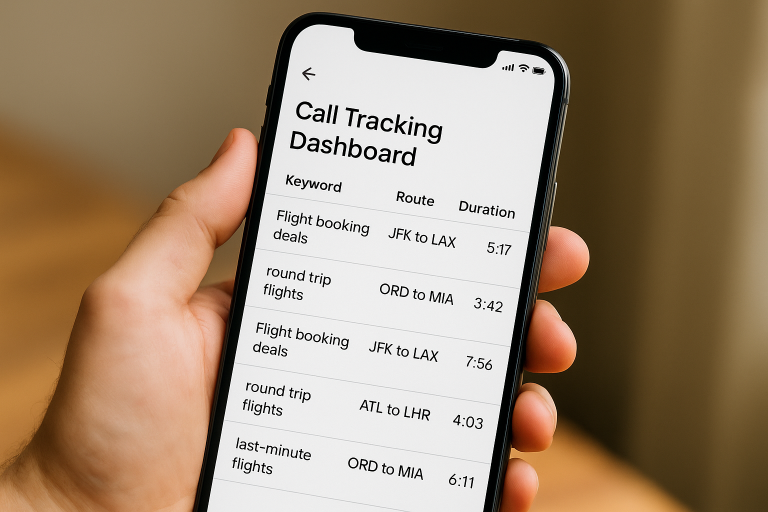 Call tracking dashboard showing calls by keyword, route, and duration