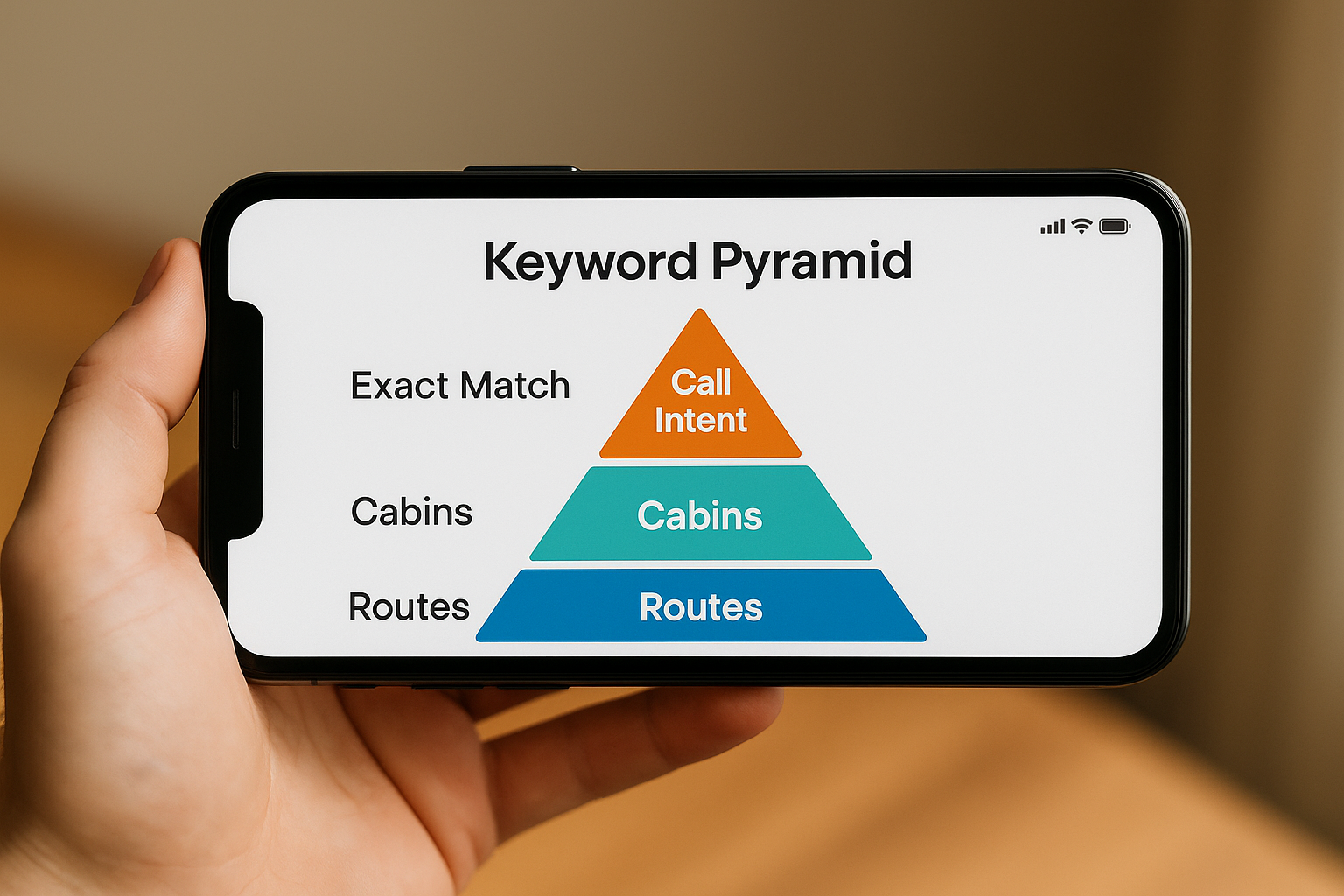 Keyword pyramid showing Exact and Phrase match layers for routes, cabins, and call intent