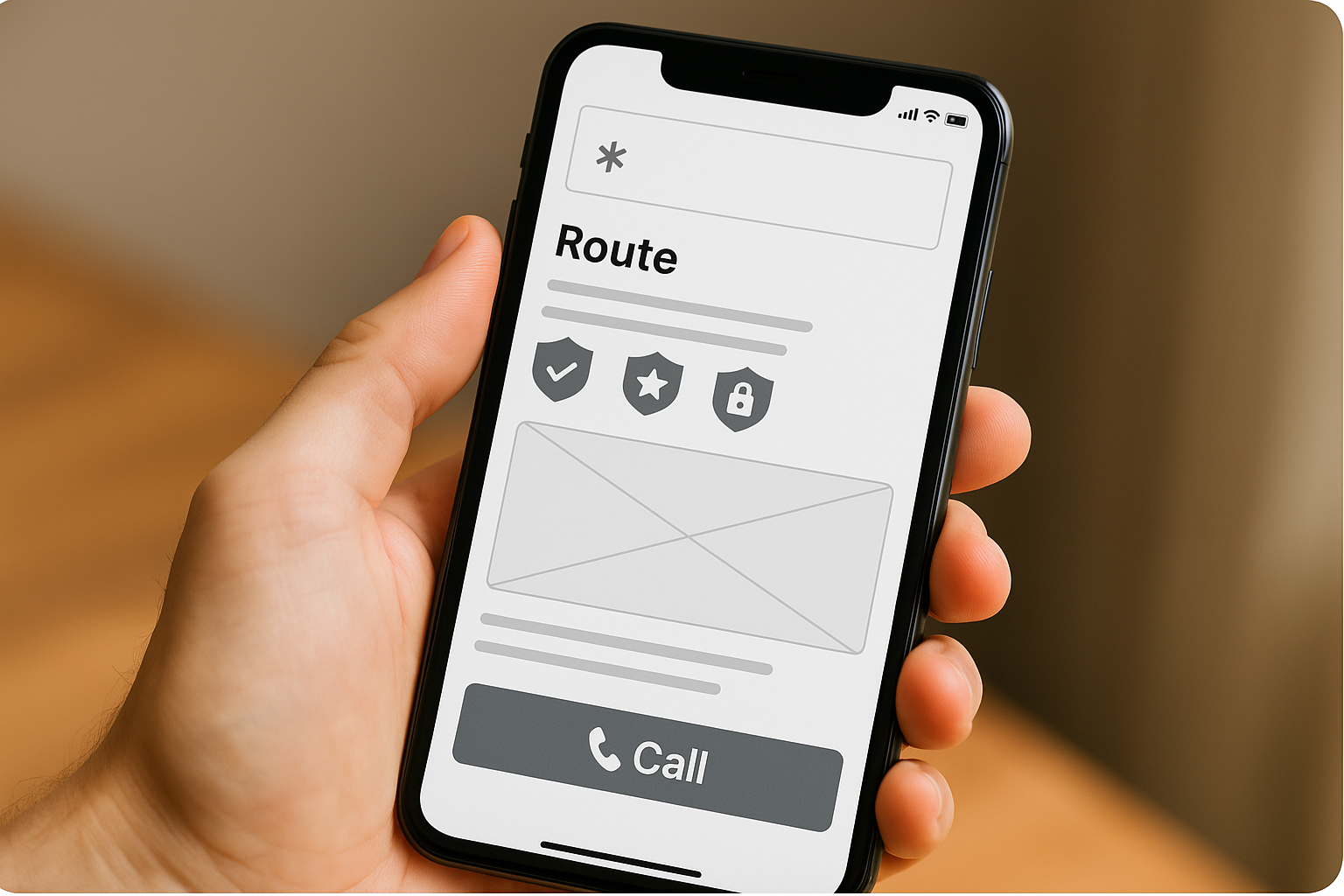 Wireframe of route landing page highlighting sticky call button and trust badges