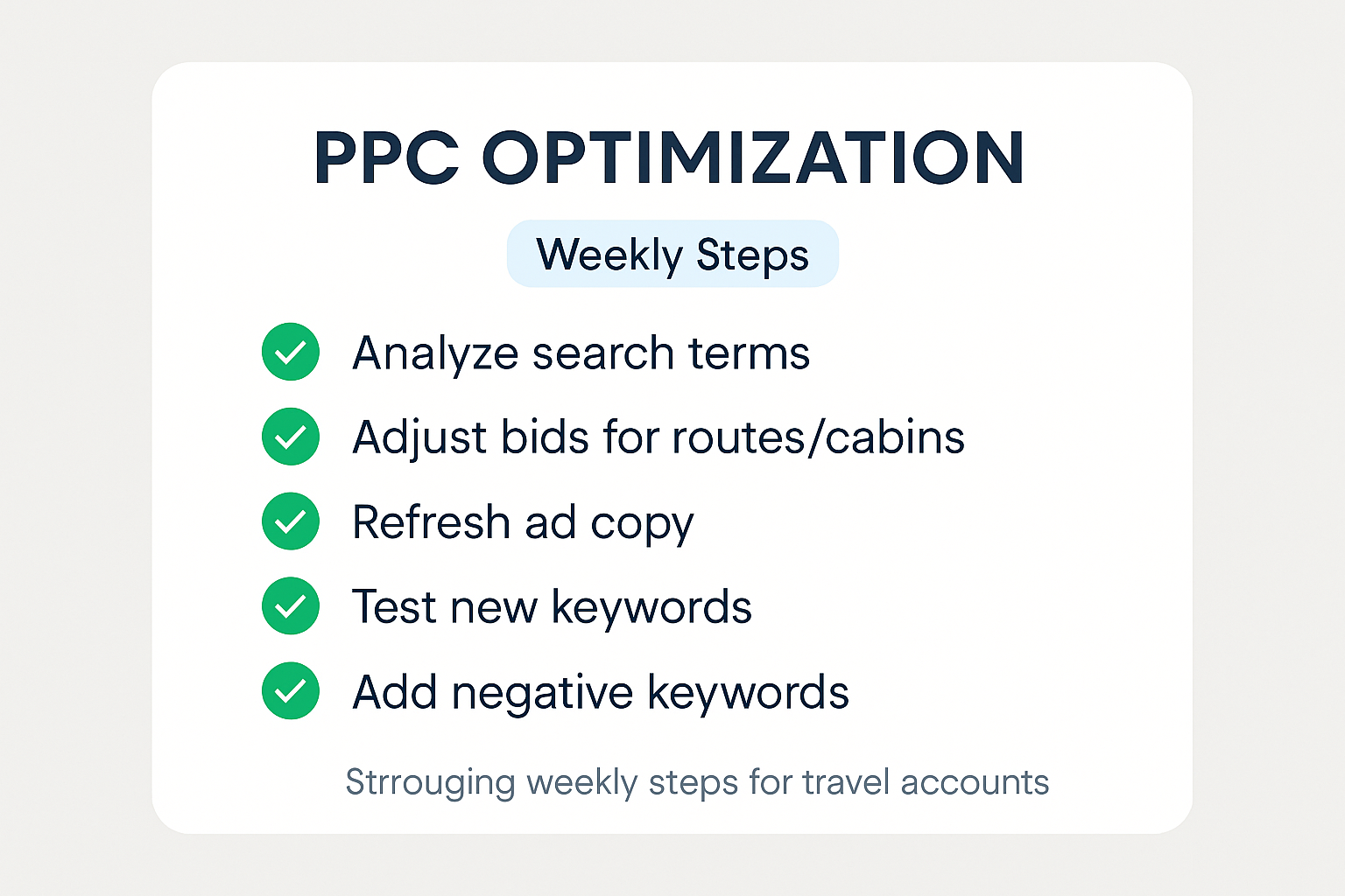 Checklist showing weekly PPC optimization steps for travel accounts
