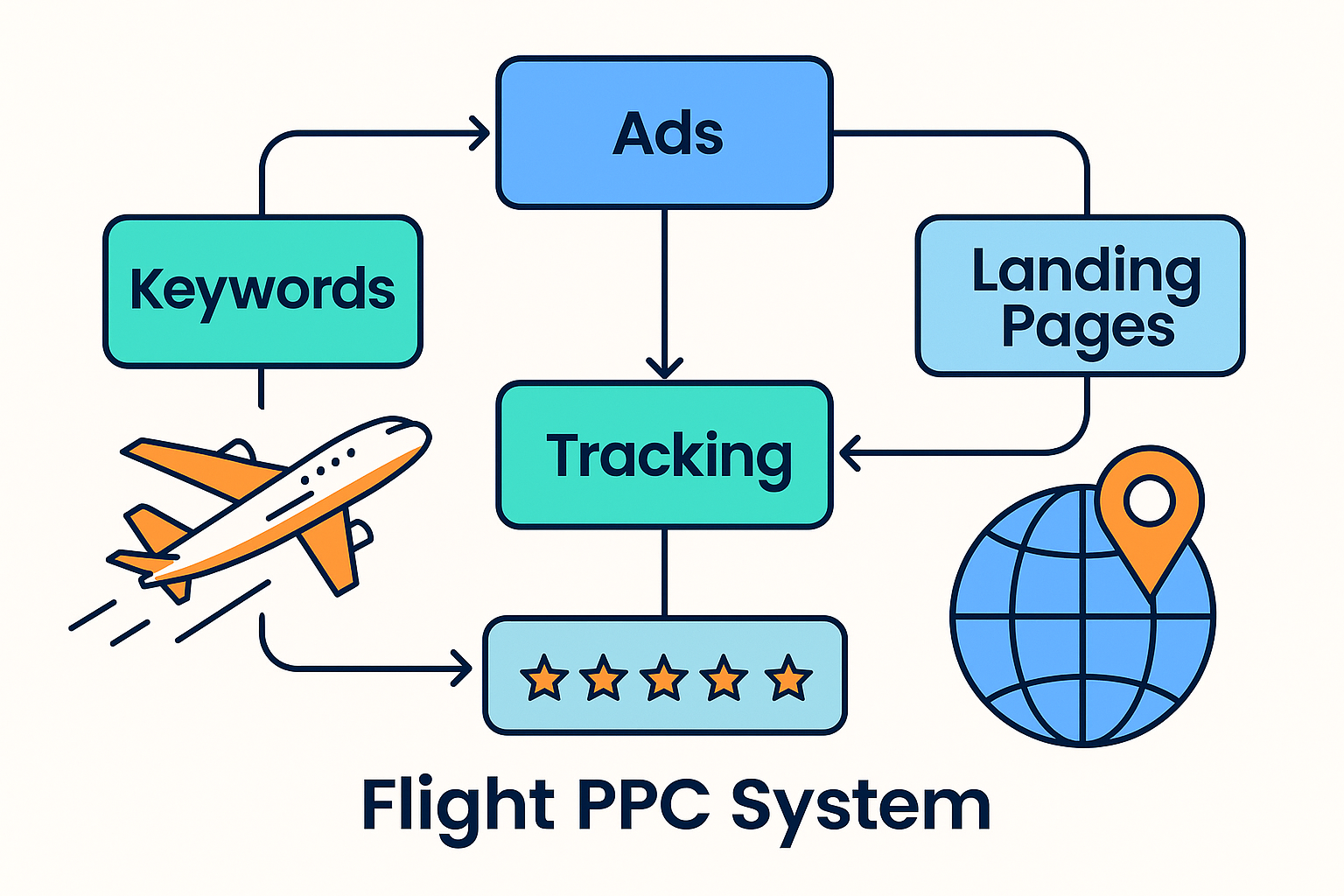 Diagram linking keywords, ads, landing pages, tracking, and optimization in flight PPC system