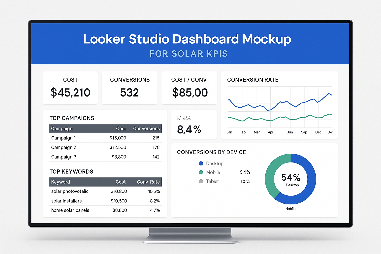 Looker Studio dashboard mockup for solar KPIs