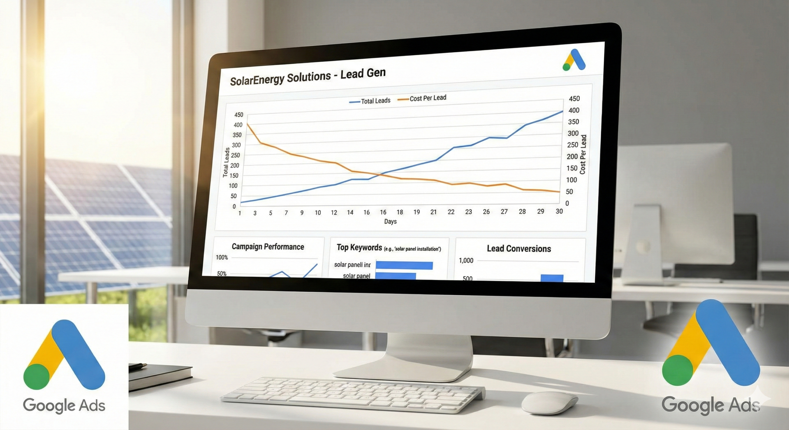 Solar Google Ads dashboard with leads chart