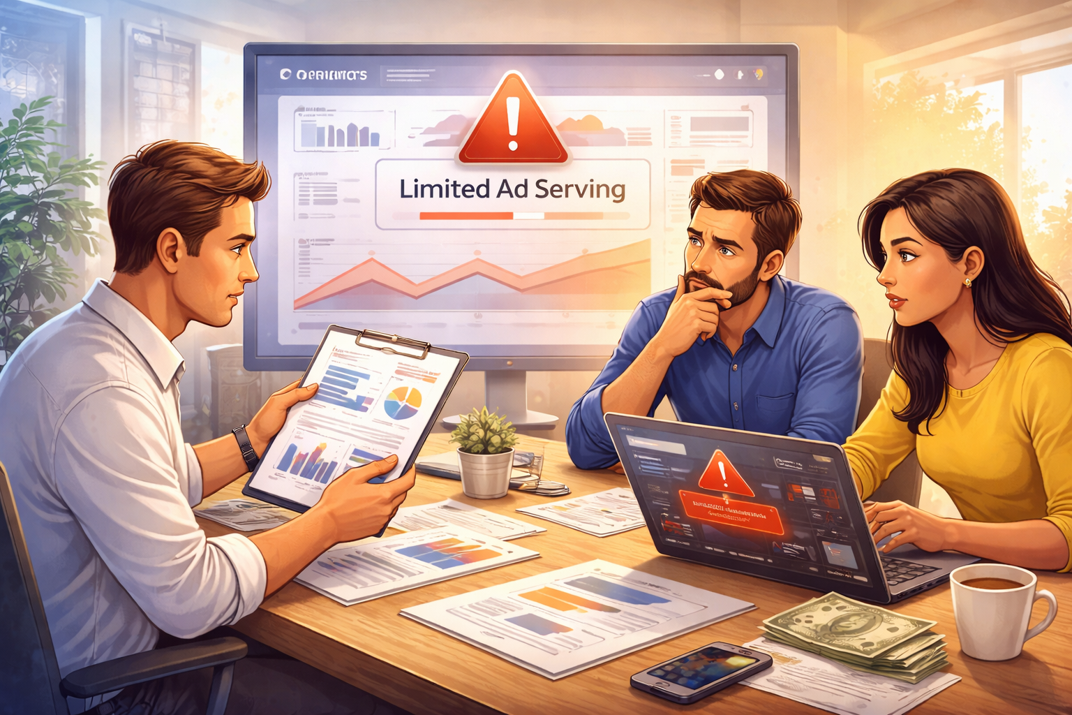 Team reviewing ad performance and budget constraints