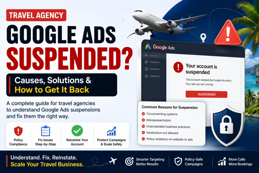 Travel agency Google Ads suspended - compliance-first fix by AdShot Media Google Partner