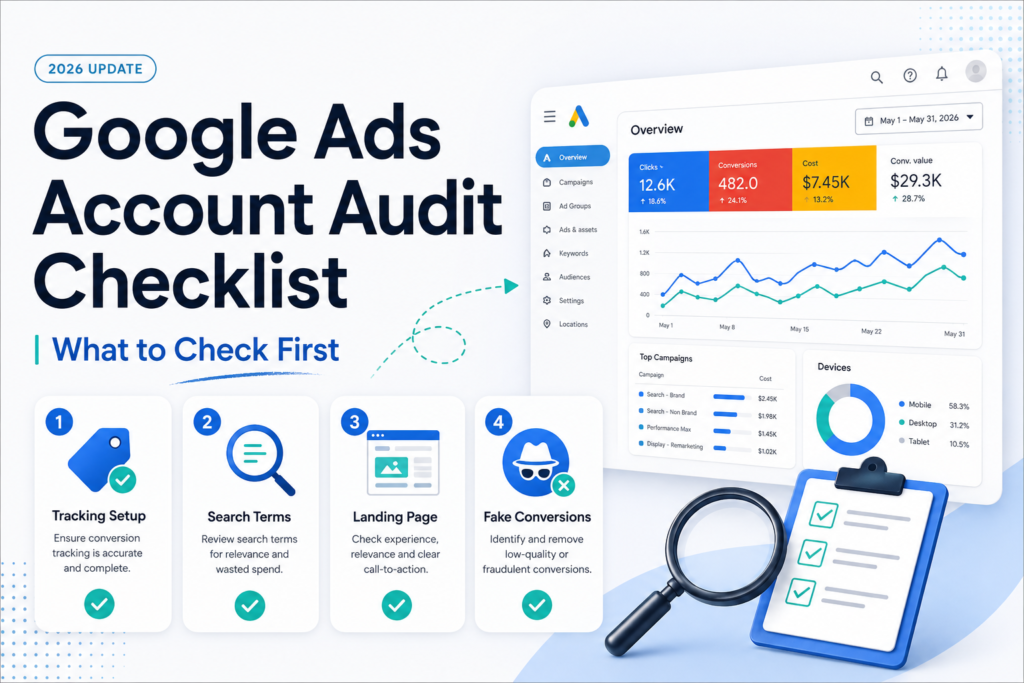 Google Ads account audit checklist showing tracking setup, search terms, landing page audit, and fake conversions review